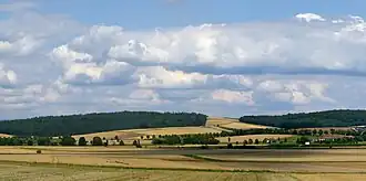 Der Hellberg vom Roten Berg aus gesehen (rechts der Ortsrand von Obernfeld)