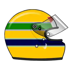 Der Helm von Ayrton Senna mit dem Farbschema der brasilianischen Flagge