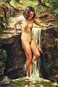 Nackte Waldnymphe am Wasserfall (Öl auf Leinwand, 1940)