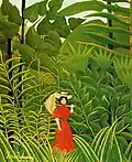 Henri Rousseau: Rot gekleidete Frau im Wald, 1905. Die Frau fällt in der grünen Umgebung stark auf, bleibt aber ohne Verbindung.