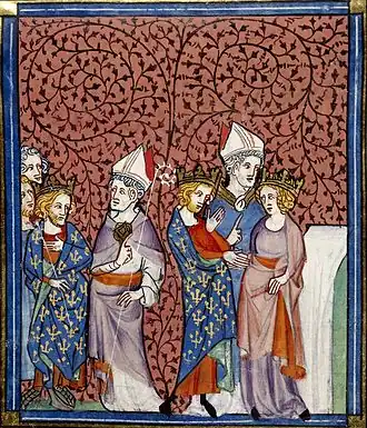 Darstellung aus den Chroniques de Saint-Denis: 1) Heinrich I. entsendet einen Bischof (links); 2) Heinrichs Hochzeit mit Anna von Kiew (rechts)