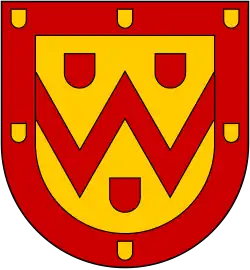 Wappen/Logo des Heraldik-Wiki: In Gold mit einem roten Bord, welches mit acht (3:2:2:1) goldenen Schildchen belegt ist, ein roter Doppelsturzsparren, begleitet allseits von je einem roten Schildchen.