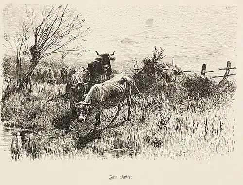 Zum Wasser, Zeichnung aus „Künstlerlaunen“, 1879.