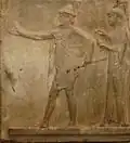 Relief Hermes agoraios und die Chariten, Passage der Theoren, Agora Thasos, um 480 v. Chr., ergraben von Miller (1864), Louvre Paris
