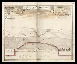 Die Lösnicher Gemarkung links der Mosel 1675. Mit "M" ist nach dem Moselübergang links der Flurbereich "Beim H(eiligen) Häuschen" gekennzeichnet.