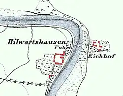 Karte von Hilwartshausen und dem Eichhof mit Furt durch die Weser, 1857 (nachträglich koloriert)
