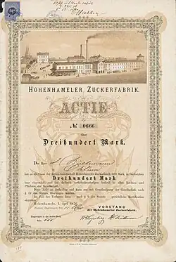 Aktie der Hohenhameler Zuckerfabrik über 300 Mark, ausgegeben am 1. April 1876. 1953 Fusion mit der Zuckerfabrik Lehrte und 1963 stillgelegt.