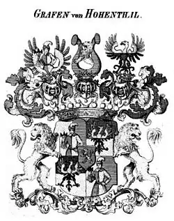 Wappen der Grafen von Hohenthal mit Schildhaltern im Tyroffschen Wappenbuch