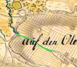 Der heute noch erhaltende Abschnitt (nachträglich grün koloriert) des Hohlwegs innerhalb der Pennekuhle und östlich davon, Kurhannoversche Landesaufnahme, 1772