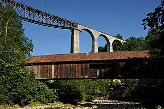 Kubelbrücke über die Urnäsch, oben der Sitterviadukt der Südostbahn