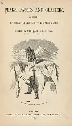 gräuliche Titelseite der Zeitschrift „Peaks, Passes und Glaciers“ mit einem schwarz-weißen Bild von zwei Männern, die Bergsteigen; über und unter dem Bild jeweils ein paar Zeilen mit Angaben zur Zeitschrift