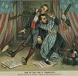 Bunte Karikatur, zwei bärtige Männer, die vor den hinter einer amerikanischen Flagge hervorkommenden Waffen erschrecken.