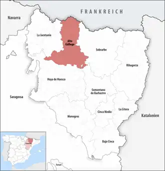 Die Lage der Comarca Alto Gállego in der Provinz Huesca