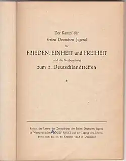 Einband des IB 456 Otto Nebelthau: Mein Gemüsegarten als Hülle für eine Tarnschrift der FDJ (West) von 1953 und S.&nbsp;9 mit dem Titelblatt für den tatsächlichen Inhalt