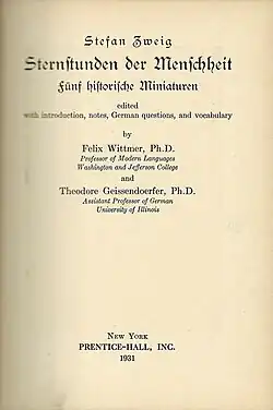 Sternstunden der Menschheit, Ausgabe bei Prentice-Hall für US-amerikanische Germanistikstudenten, Einband und Titelblatt