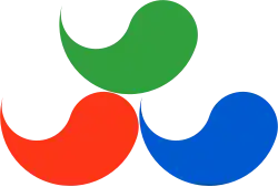 Drei wellenförmige Striche in den Farben grün, rot und blau sind zu einer Pyramide angeordnet.