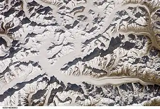 Satellitenbild des Panmah Muztagh; der Virjerabgletscher am oberen Bildrand links der Mitte