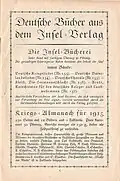Deutsche Bücher aus dem Insel-Verlag von 1915 mit einer Auswahl an kriegsbezogenen IB-Titeln