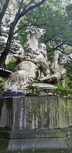 Indianer auf einem Pferd, der von zwei Jaguaren angegriffen wird (1869)