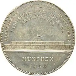 Von Carl Friedrich Voigt geschaffene Gedenkmedaille zur Ersten Allgemeinen Deutschen Industrieausstellung in München, 1854.