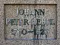 Inschrift im Denkmalsockel von Johann Peter Hebel im Hebelpark, Lörrach