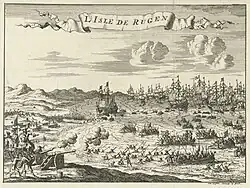 Beschuss der anlandenden Brandenburger durch schwedische Artillerie am 23.&nbsp;September 1678 bei Neukamp (von Jan Luiken)