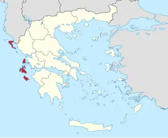 Lage der Region Ionische Inseln innerhalb Griechenlands
