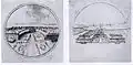 J.G. Fritzsche: Medaillenentwürfe für August den Starken. 1711 und 1712. Links: Darstellung der Treppenanlage, vor dem Bau des Wallpavillons. Rechts: Wallpavillon anstelle der ursprünglichen Treppenanlage.Dresden, Münzkabinett, Archiv.