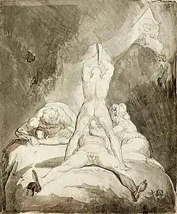 Hephaistos, Kratos und Bia fesseln Prometheus. Zeichnung von Johann Heinrich Füssli, um 1800–1810. Auckland Art Gallery, Auckland