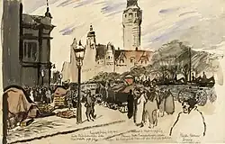 Am 6. August 1914 Geschütze und Munitionswagen vor dem Neuen Rathaus