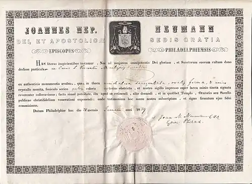 Bestätigung der Echtheit der Überreste von St. Vincence, unterzeichnet vom Hl. Johann Nepomuk Neumann, 1859.