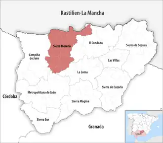 Die Lage der Comarca Sierra Morena in der Provinz Jaén