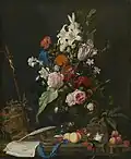 Nicolaes van Verendael & J. D. de Heem: Stillleben mit Blumenstrauss, Kruzifix und Totenkopf, doppelt signiert, 103 × 85 cm, Alte Pinakothek, München. Die Blumen malte Verendael, die anderen Stilllebenelemente De Heem.