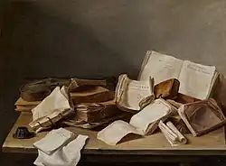 Jan Davidsz. de Heem Bücherstillleben, 1628, Öl auf Holz, 36,1 × 48,5&nbsp;cm, Mauritshuis, Den Haag