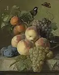 Kleines Stillleben von Pfirsichen, Trauben und Pflaumen, mit einem Vogel und einem Schmetterling, sign. und dat. „Vandael - an 6 en“ (= 1799 ?), Öl auf Leinwand, 16,0 × 12,7 cm, Privatsammlung