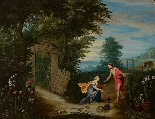 Jan Brueghel d.&nbsp;J. und Hendrik van Balen: Noli me tangere, um 1630, Öl auf Holz (?), 52 × 70 cm, Finnische Nationalgalerie, Helsinki. Die beiden Figuren malte van Balen, die Landschaft ist von Brueghel