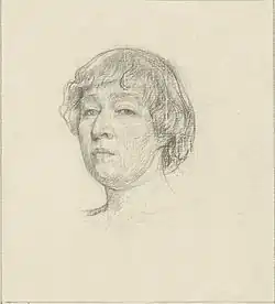 Zeichnung eines Frauenkopfes im Halbprofil einer etwa dreißigjährigen Frau, die ernst zum Betrachter blickt. Sie trägt ihre glatten Haare als Rundschnitt.