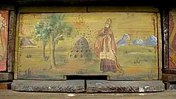 Bemaltes Stirnbrett an der Frontseite eines Krainer Bauernstockes