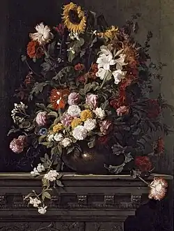 Großes Blumenstillleben mit Sonnenblume, ca. 1655–1680, Öl auf Leinwand, 158,5 × 118,8 cm, Galerie im Neuen Schloss Schleißheim, München. Das Bild wurde früher Jean-Baptiste Monnoyer zugeschrieben.