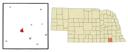 Lage von Fairbury im Jefferson County (links) und in Nebraska (rechts)