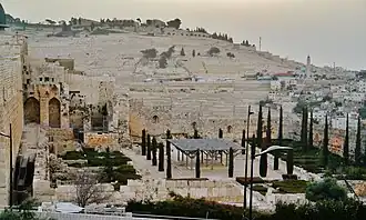 Blick von der südlichen Stadtmauer über den Jüdischen Friedhof auf den Ölberg