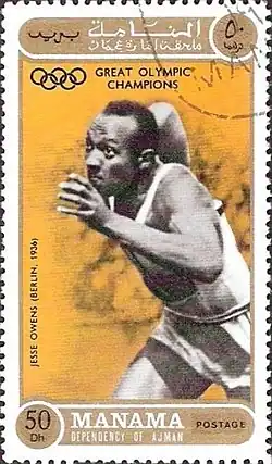Über 200&nbsp;Meter errang Jesse Owens (hier abgebildet auf einer Briefmarke) überlegen seine dritte&nbsp;Goldmedaille
