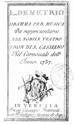 Johann Adolph Hasse – Demetrio – Titelseite des Librettos – Venedig 1737