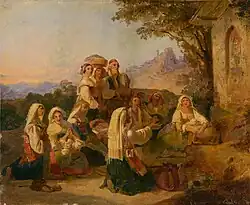 Gemälde mit mehreren Personen zum Teil kniend vor einem Bildstock