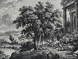 Idyllische Landschaft mit verliebten Schafhirten, 1786.