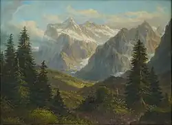 Heinrich Müller: Wetterhörner, Mättenberg, Oberer und Unterer Grindelwaldgletscher von Westen, um 1870/80