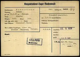 Registrierungskarte von Johann Schroffner als Gefangener im nationalsozialistischen Konzentrationslager Buchenwald