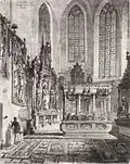 Wertheim, Chor der ev. Stiftskirche mit Baldachingrabmal für Graf und Gräfin von Löwenstein, Grafik von 1852