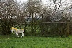 Johannes Brus, ohne Titel, 1997, Großes Pferd 130–158 × 200 × 60–100 cm, Betonguss weiß. Standort: im Tal (Skulpturenpark) zwischen Hasselbach und Werkhausen