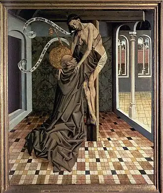 Ölgemälde von einer Mann in Profil, der Jesus Christus an einem Kreuz umarmt. Gibt es Inschriften auf Latein. Die Szene befindet sich in einem Kammer. Insbesondere bemerksam ist Schachbrettdecke